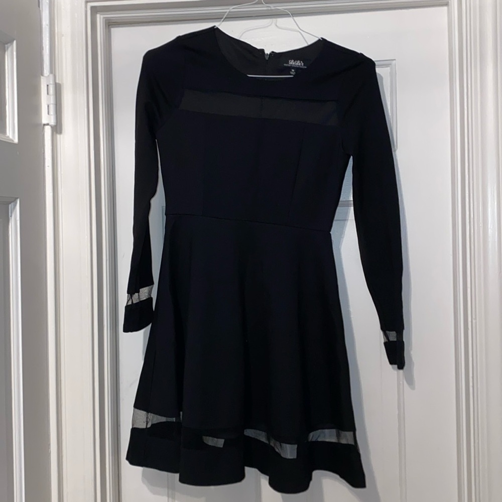 Lulu's Black Long-Sleeve Mesh Panel Fit-and-Flare Dress